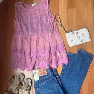 Pink/Mauve Sheer Mesh Lace Tank Top